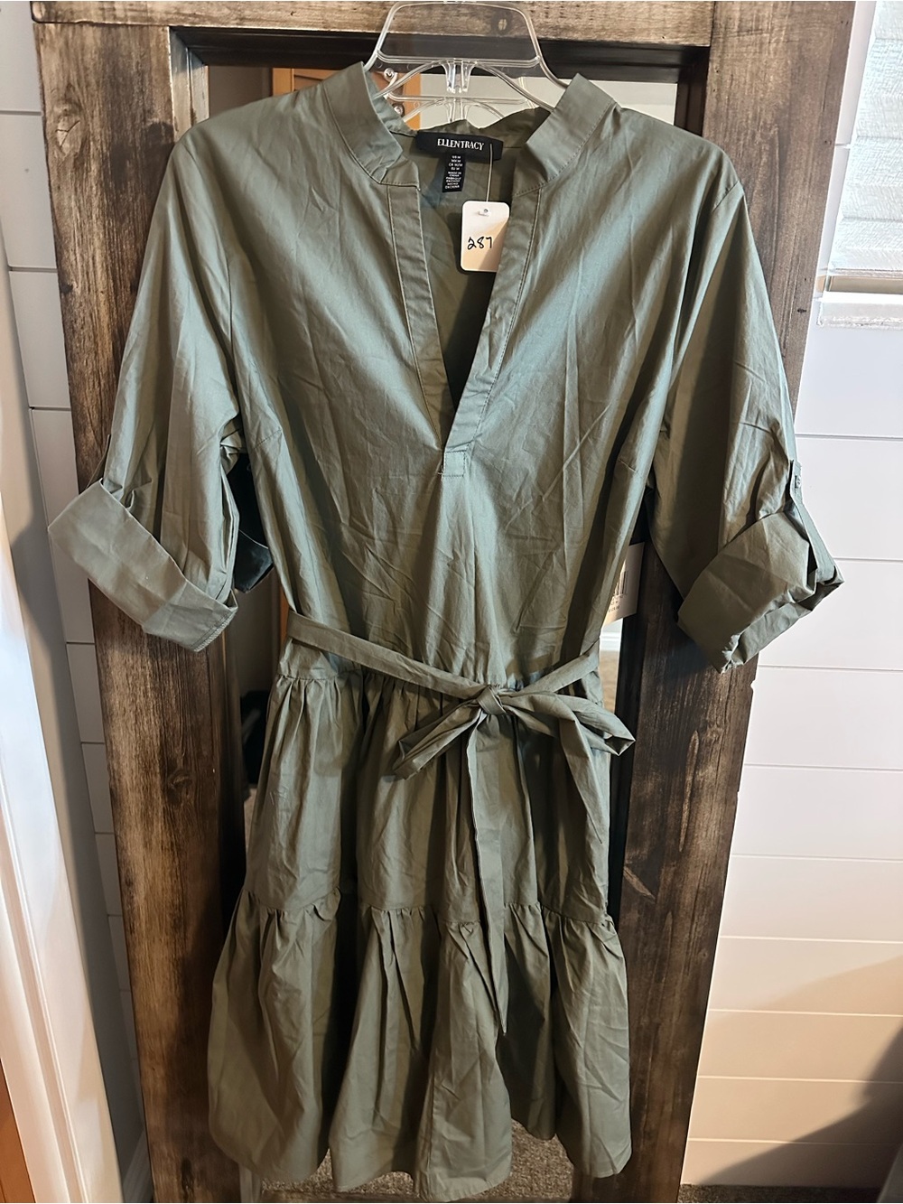 Ellen Tracy Medium Women’s Cotton Tiered Midi Dress Belted Olive NWT Shirt Dress